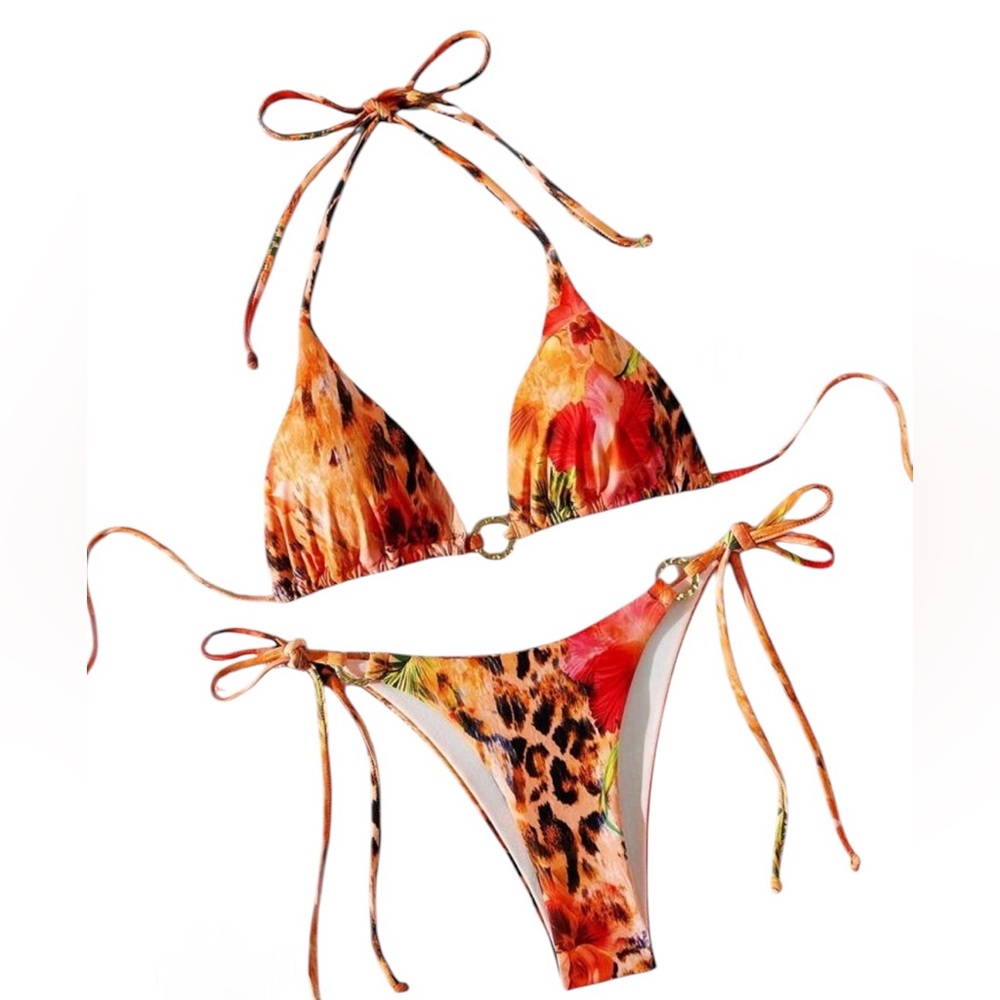 NWT Vibrant Floral and Leopard Print String Bikini